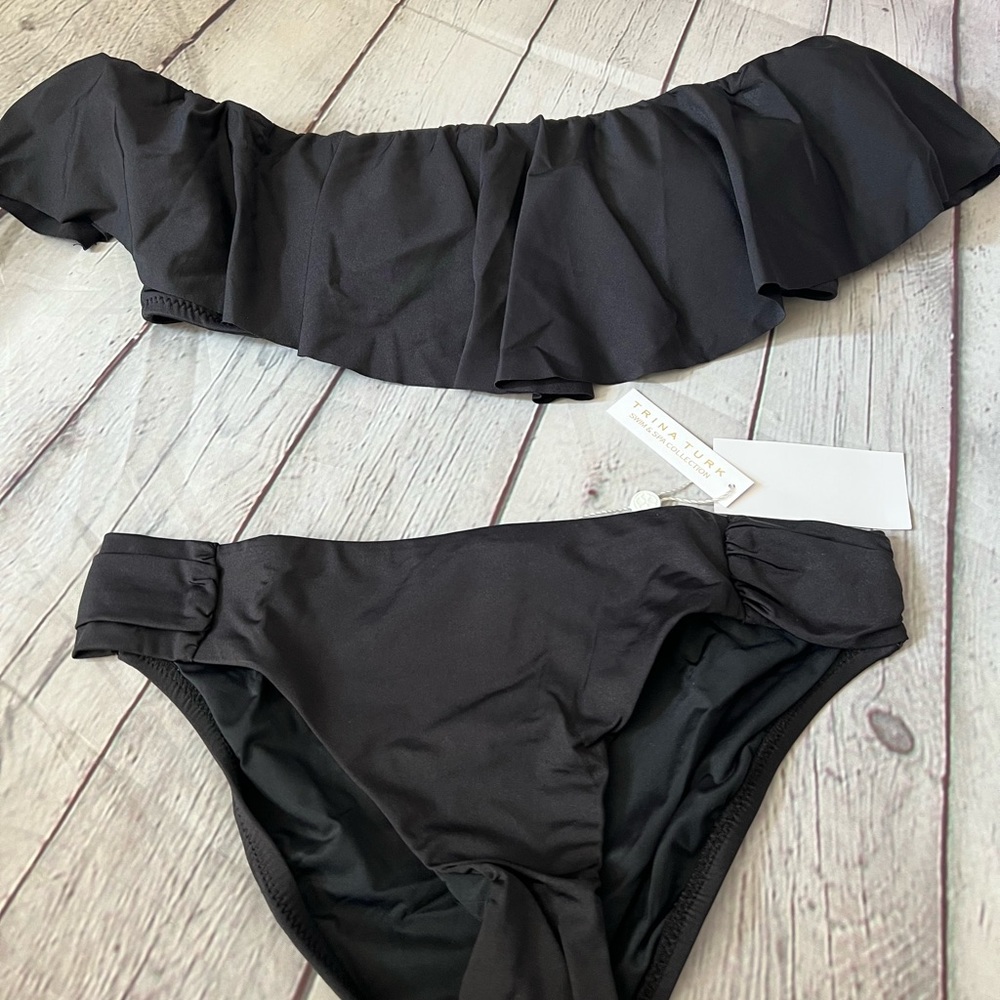 TRINA TURK BIKINI SET - OFF THE SHOULDER RUFFLE BANDEAU & SIDE SHIRRED H… - Picture 2 of 10